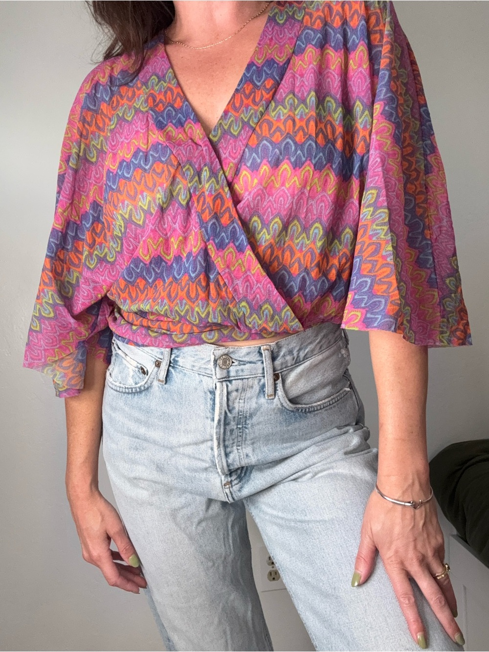 Multi-Color Wrap Blouse with Flutter Sleeves